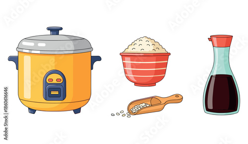 Rice cooker with bowl, grains, and soy sauce bottle illustration