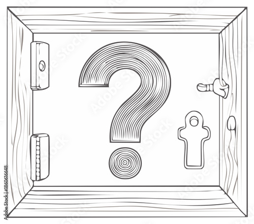 Mysterious Wooden Box Containing Question Mark and Various Oddities
