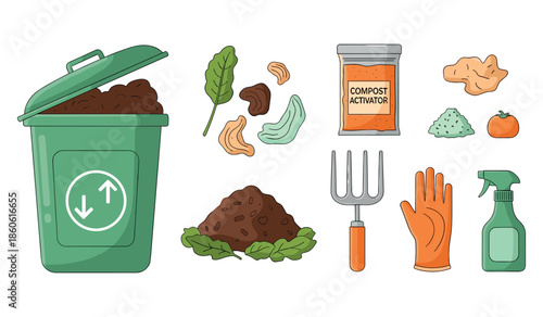 Composting essentials: organic waste, bin, tools, and activator for eco-friendly gardening