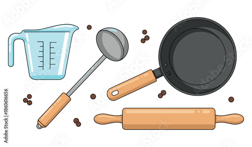 Essential kitchen utensils set with measuring cup, ladle, pan, and rolling pin