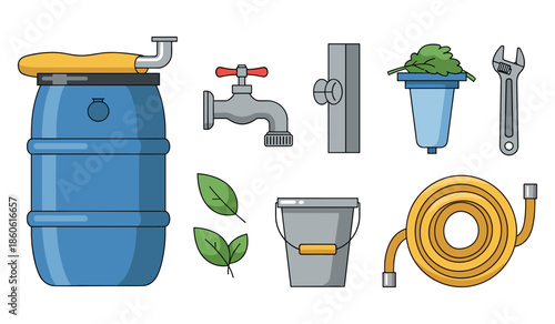 Rainwater harvesting equipment: barrel, faucet, filter, wrench, hose, bucket, leaves