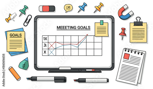 Office supplies and meeting goals concept with graph and whiteboard