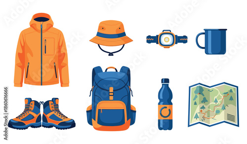 Outdoor adventure gear: jacket, boots, hat, backpack, water bottle, map, mug, watch