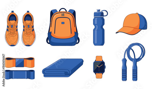 Orange and blue fitness gear collection: shoes, backpack, water bottle, cap, rope, bands