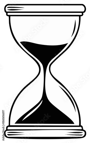 Black and white hourglass with dark sand flowing downwards measuring time and passage