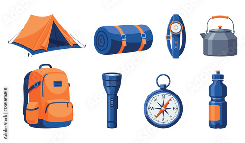 Camping gear set: tent, backpack, flashlight, compass, sleeping bag, kettle, water bottle