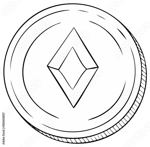 Crypto Currency Coin Illustration with Diamond Center in Black and White Line Art Style Isolated