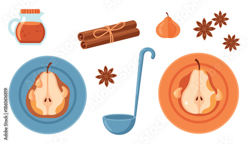 Flat design pear desserts with honey, cinnamon, and star anise on colorful plates
