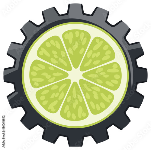Food technology concept with a fresh lime fruit slice inside a mechanical gear cogwheel icon