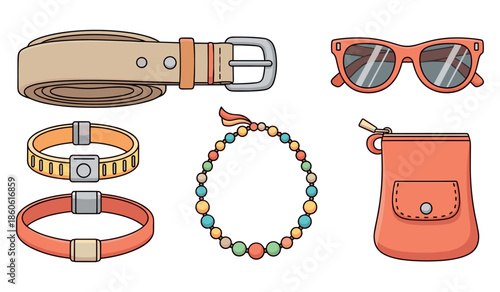 Fashion accessories collection: belt, sunglasses, bracelets, necklace, pouch