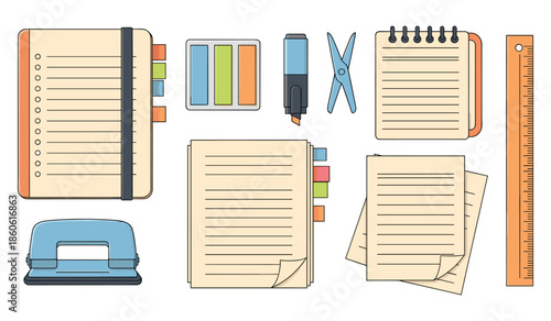Assorted office supplies: notebooks, sticky notes, highlighter, scissors, and more