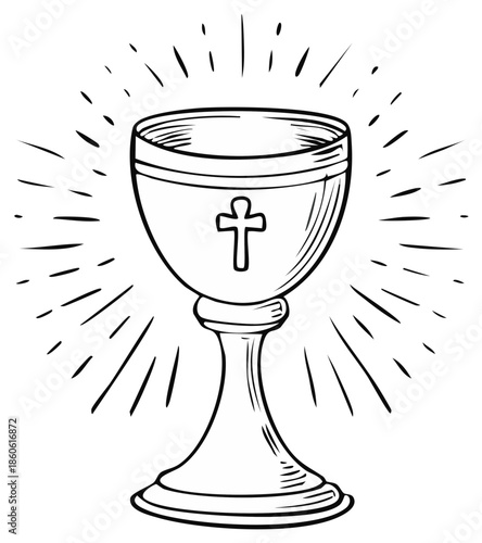 Sacred chalice with Christian cross and radiating divine light hand drawn illustration