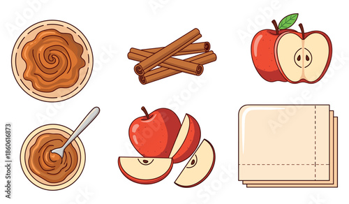 Apple pie ingredients: sliced apples, cinnamon sticks, pastry, and sauce
