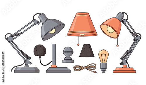 Collection of stylish desk lamps with accessories and parts