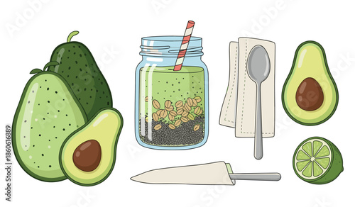 Avocado smoothie ingredients with chia seeds and lime