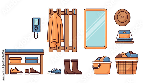 Cozy mudroom design with coat rack, shoes, mirror, and hat