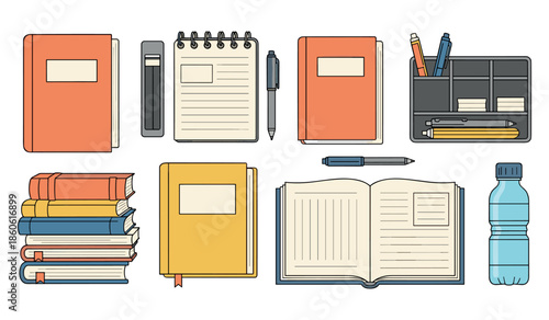 Colorful stationery collection with notebooks, books, and pens