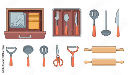 Assorted kitchen utensils and tools with orange handles on white background