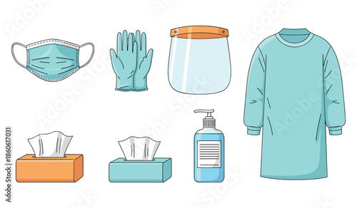 Essential medical gear: mask, gloves, face shield, gown, tissues, hand sanitizer