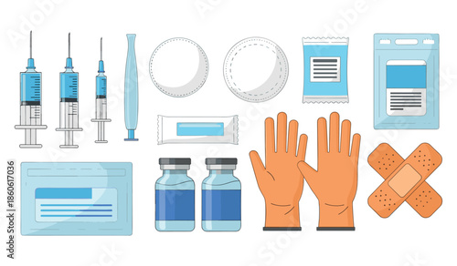 Medical supplies for injection and dressing with gloves and bandages