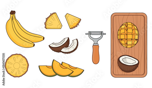 Assorted tropical fruits with peeler on white background