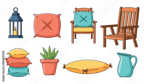 Cozy outdoor decor: lantern, cushions, chair, plant, jug