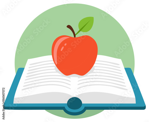 Bright Red Apple Resting on Open Book Education and Learning Symbol