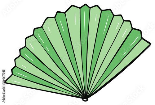 Green Folding Hand Fan Cartoon Illustration for Cooling and Traditional Accessory
