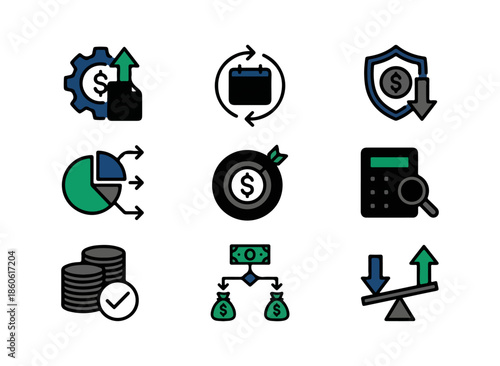 Financial icons representing growth savings and investments
