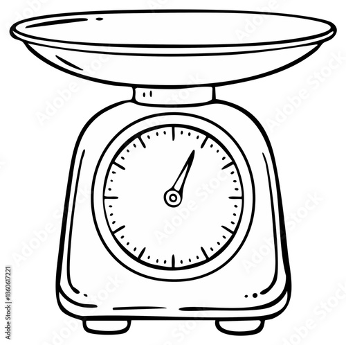 Hand drawn kitchen scales with round dial and metal bowl for measuring baking ingredients or food portions, in retro style sketch