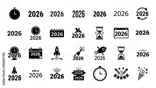Versatile 2026 Icon Set for New Year Countdown, Future Goals, and Celebration Graphics