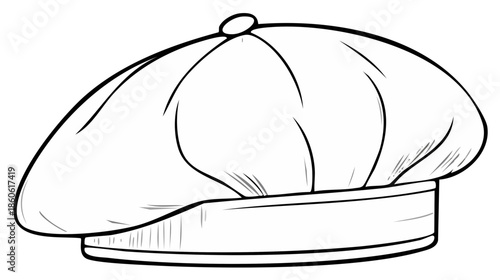 Black and white hand-drawn illustration of a classic newsboy cap, isolated.