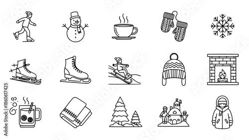 Winter Icons Collection Ice Skating, Snowman, Hot Drinks, Cozy Accessories, and More