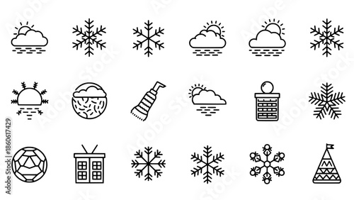 Diverse Set of Minimalist Winter and Weather Line Art Icons for Digital Design Projects and Seasonal Themes