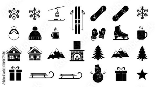 Comprehensive Winter Sports, Holiday Festivities, and Cozy Season Icon Set - Vector Art