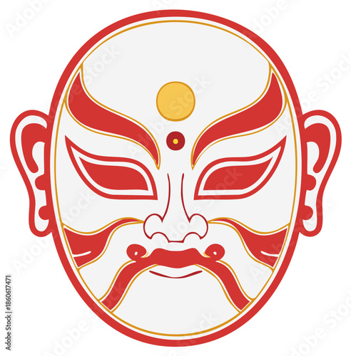 Traditional Japanese Kabuki mask illustration with bold red white and gold lines symbolizing strength and theater
