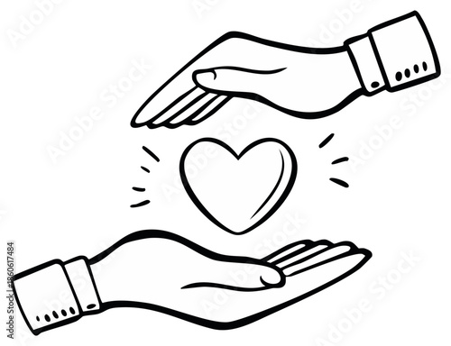 Hand-drawn illustration of hands cradling a heart shape representing care, love, protection, and affection in a black and white design.
