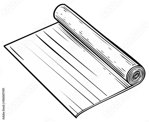 Unrolled yoga mat illustration, black and white exercise equipment