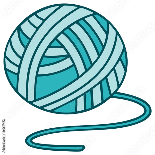 Cartoon illustration of a light teal yarn ball with a loose end for knitting hobby