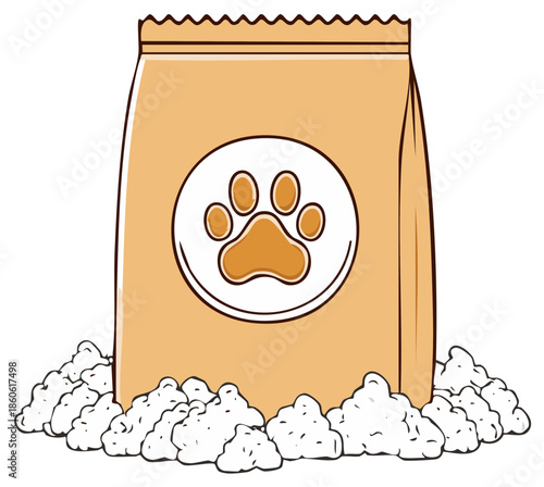 Cartoon illustration of pet food bag with paw print symbol and kibble