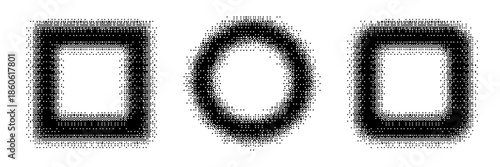 Bitmap geometric shapes set. Distorted pixel Y2k halftone