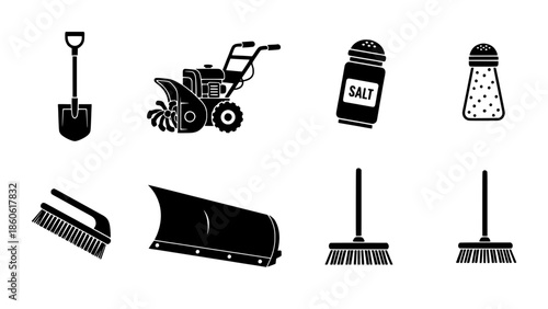Essential winter maintenance tools and equipment icons for efficient snow and ice removal tasks