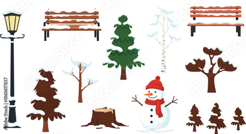 Winter park elements vector set, snow covered trees benches street lamp snowman, seasonal outdoor nature illustration, cold weather landscape design assets