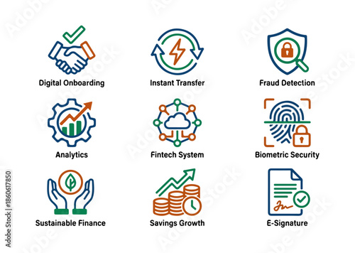 Set of business and technology icons on white background