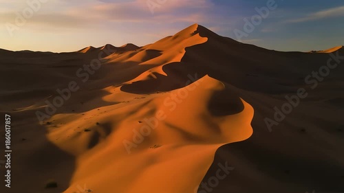 Golden sand dunes at sunset, Aerial view of golden sand dunes under a soft sunset sky