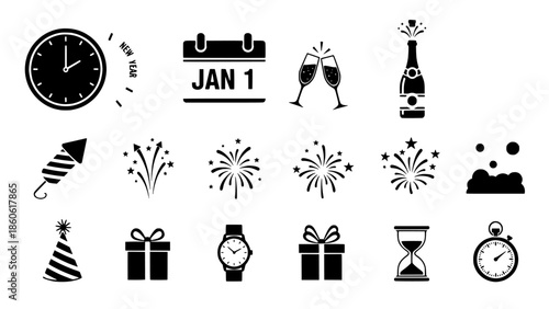 New Year's Eve celebration icons Fireworks, champagne, gifts, and clock symbolizing festive moments
