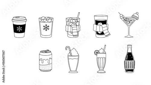 Modern Beverage Icons Set Diverse Collection of Winter and Refreshing Drink Line Art Illustrations
