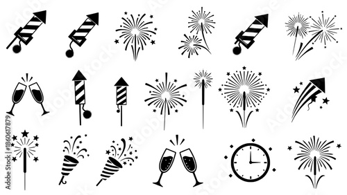 Diverse graphic array of celebration icons, depicting fireworks, sparklers, and New Year festivities