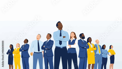 Diverse group of professionals standing together with confidence.