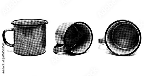 Retro style halftone enamel mugs: various angles and perspectives